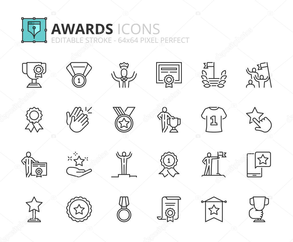 Line icons about awards and acknowledgements. Contains such icons as medal, trophy, the best, achievement, excellence and certificate. Editable stroke Vector 64x64 pixel perfect