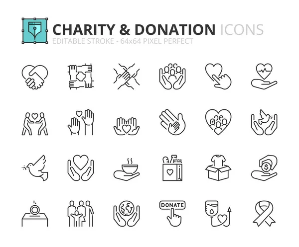 Line Icons Charity Donation Contains Icons Donate Volunteering Care Cooperation — Stock Vector