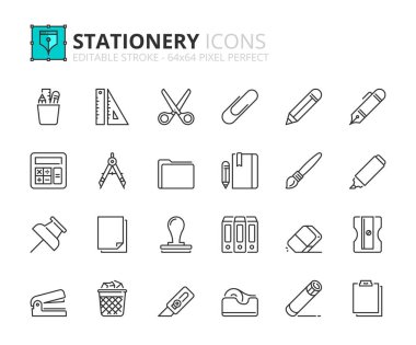 Kırtasiye hakkında satır simgeleri. Cetvel, kalem, makas, tutkal, ataç, silgi, işaret, kağıt ve klasör gibi simgeler içerir. Düzenlenebilir vuruş vektörü 64x64 piksel mükemmel