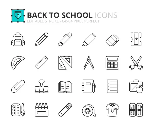 Line Icons Back School Contains Icons Ruler Pencil Scissors Glue — Archivo Imágenes Vectoriales