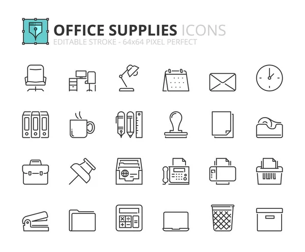 Line Icons Office Supplies Contains Icons Workplace Stationery Laptop Printer — Vetor de Stock