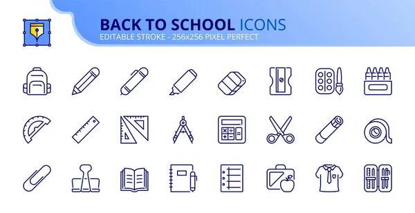 Line Icons Back School Contains Icons Ruler Pencil Scissors Glue — Archivo Imágenes Vectoriales