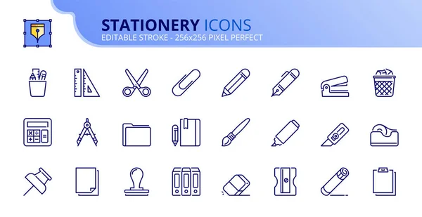 Line Icons Stationery Contains Icons Ruler Pencil Scissors Glue Clip — Vector de stock