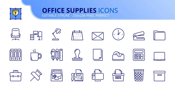 Line Icons Office Supplies Contains Icons Workplace Stationery Laptop Printer — Stock Vector