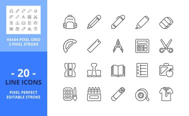 Çizgi simgeleri okula geri dönüyor. Cetvel, kalem, makas, yapıştırıcı, ataç, silgi, işaret, kağıt ve sırt çantası gibi simgeler içerir. Düzenlenebilir felç. Vektör - 64 piksel mükemmel ızgara