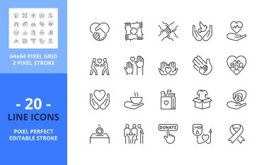 Yardım ve bağışta kullanılan çizgi simgeleri. Bağış, gönüllülük, bakım, işbirliği ve dayanışma gibi ikonlar içeriyor. Düzenlenebilir felç. Vektör - 64 piksel mükemmel ızgara