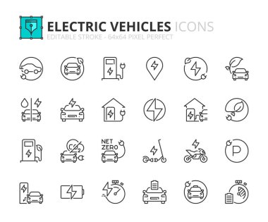 Elektrikli araçlarla ilgili çizgi simgeleri. Sürdürülebilir geliştirme elektrikli araba, motosiklet, scooter, pil ve şarj istasyonu gibi ikonlar içerir. Düzenlenebilir vuruş vektörü 64x64 piksel mükemmel