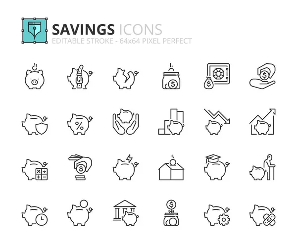Iconos Línea Sobre Ahorros Concepto Financiero Contiene Iconos Como Alcancía — Archivo Imágenes Vectoriales