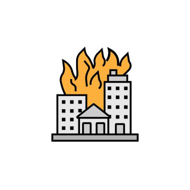 Yangın, kundakçılık, alevler, yapı çizgisi renkli ikon. Protesto öğeleri illüstrasyon simgeleri. İşaretler, semboller ağ, logo, mobil uygulama, UI, UX renkli simge için kullanılabilir