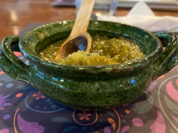 Spiciy Green Salsa Wooden Spoon — Stock Fotó