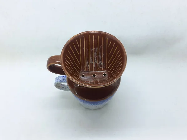 Egy Sor Színes Csésze Tea Kávé Csöpögtető Készülék Hogy Egy — Stock Fotó