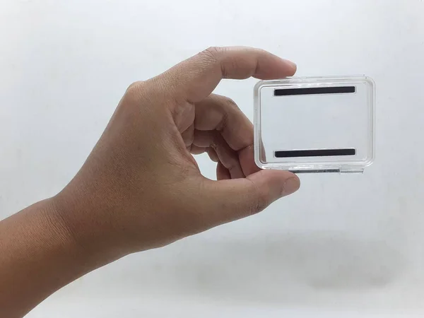 Eine Kleine Schwarz Graue Action Kamera Mit Zubehör Auf Weißem — Stockfoto