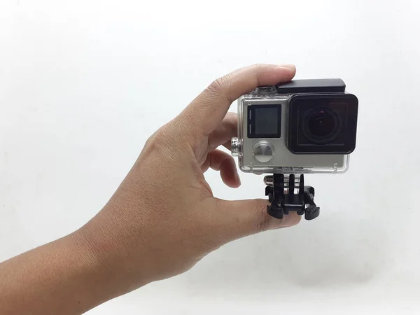 Small Black Grey Action Camera Its Accessories White Isolation Backgroundn — Stock Photo, Image