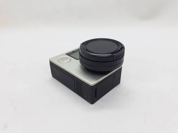 Small Black Grey Action Camera Its Accessories White Isolation Backgroundn — Stock Photo, Image