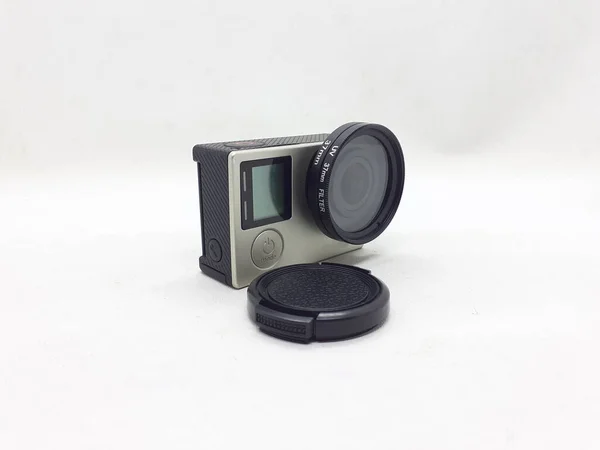 Small Black Grey Action Camera Its Accessories White Isolation Backgroundn — Stock Photo, Image