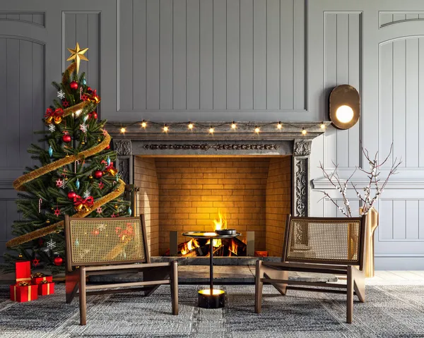 Mock Eines Wohnzimmers Mit Kamin Weihnachtsbaum Und Geschenken Rendering Illustration — Stockfoto