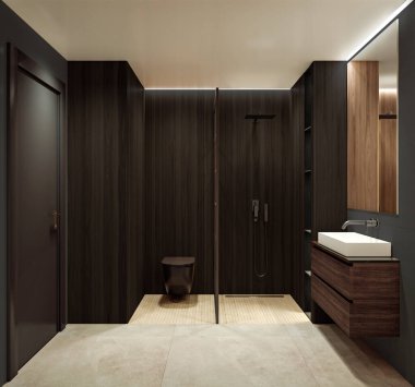Banyo banyosunun modern iç tasarımı, dikdörtgen aynalı ve gösterişli ceviz ağacı ahşap duvarlar, minimalist ve temiz konsept, 3D görüntüleme