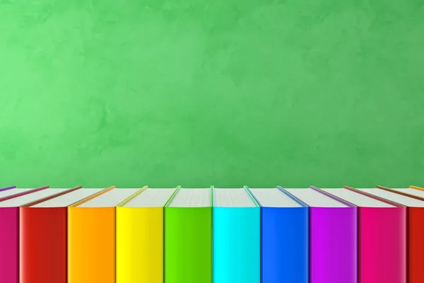 Připraven Školní Koncept Knihami Duhových Barvách Pozadí Tabule — Stock fotografie