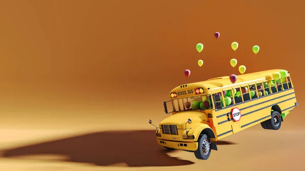 A playful school bus full of balloons ready for the start of the school year, ready for school and back to school concept, 3d illustration, 3d renderin