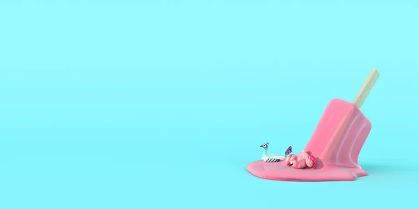 Морозиво Тане Калюжа Синьому Фоні Гігантським Рожевим Фламінго Павич Плаває — стокове фото