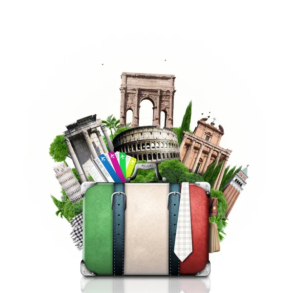 意大利、 景点意大利和复古的手提箱 免版税图库图片