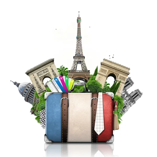 Frankrike och attraktioner i paris, retro resväska Stockbild