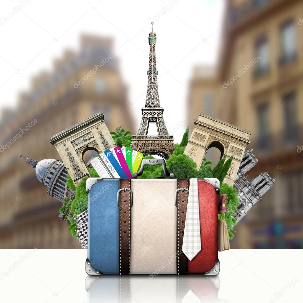 France and attractions of Paris, retro suitcase