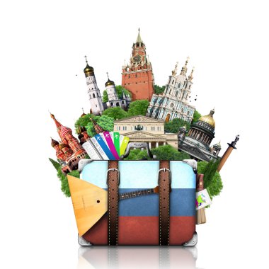 Russia, landmarks Moscow, retro suitcase clipart
