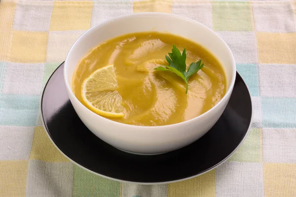 Vegetable Soup Puree Parsley Lemon White Cup Colored Napkin Close — Stock Photo, Image