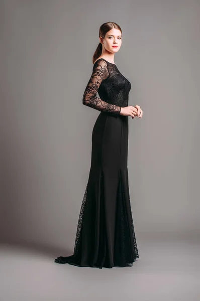 Total Black Look Black Lace Trumpet Dress Femme Fatale Evening — Foto de Stock