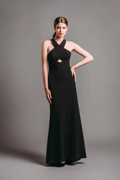 Vestido Maxi Cruzado Com Riss Preto Mangas Open Back Vestido — Fotografia de Stock