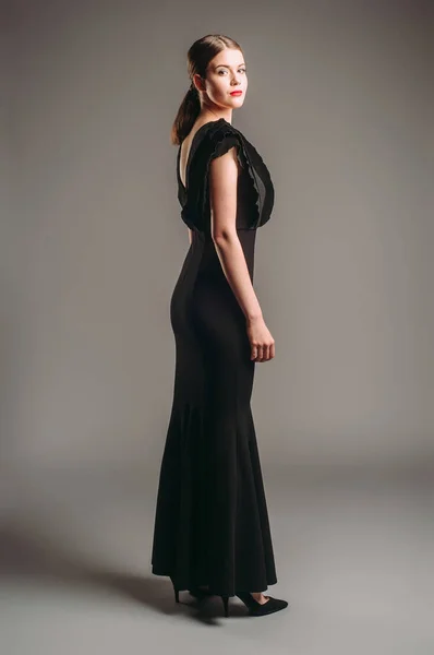 Black Dress Elegant Lady Full Length Slim Sleeveless Gown Deep — Fotografia de Stock
