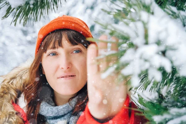 Beautiful Woman Red Warm Jacket Hat Snowy Winter Forest — стоковое фото