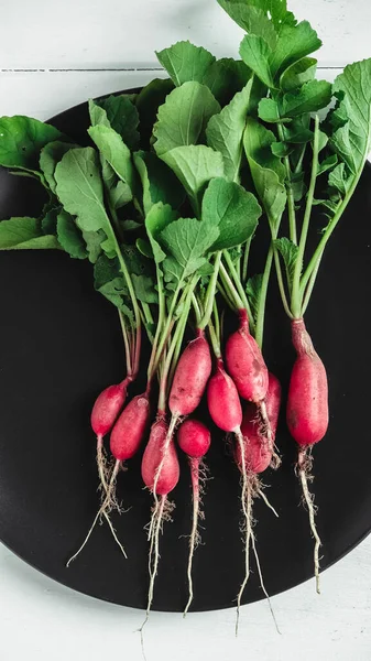 Bunch of radishes in a black plate on a white wooden background.