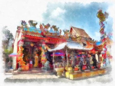 Eski Çin tapınağı suluboya stili illüstrasyon ressamı.