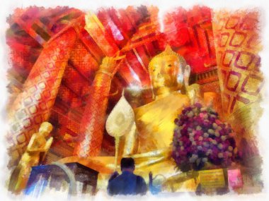 Tayland suluboya tarzının antik mimarisi empresyonist resim.