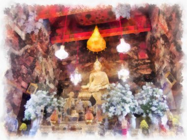 Tayland suluboya tarzının antik mimarisi empresyonist resim.