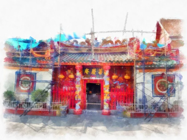 Eski Çin Tapınağı Suluboya Stili Illüstrasyon Ressamı — Stok fotoğraf