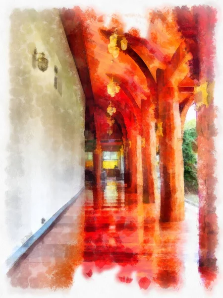 Tayland suluboya tarzının antik mimarisi empresyonist resim.