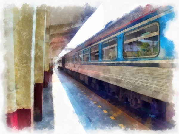 Trem Tailandês Estação Trem Mercado Aquarela Estilo Ilustração Impressionista Pintura — Fotografia de Stock