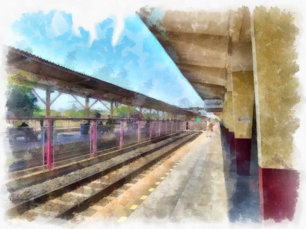 泰式列车在火车站市场水彩画风格图解 — 图库照片