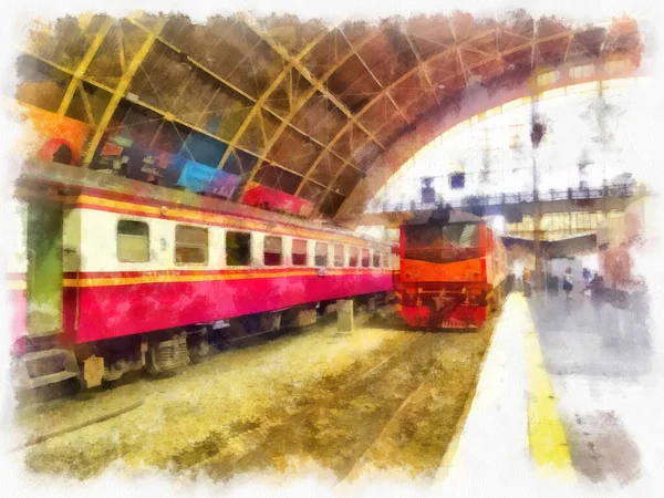 Tren istasyonu pazarındaki Tayland treni suluboya resim çizimi..
