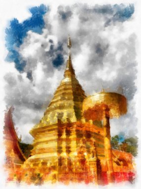 Wat Doi Suthep tapınağı Chiang Mai Tayland suluboya resim sanatçısı.