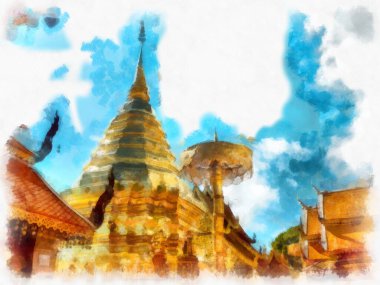 Wat Doi Suthep tapınağı Chiang Mai Tayland suluboya resim sanatçısı.
