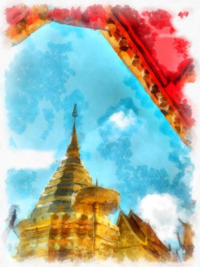 Wat Doi Suthep tapınağı Chiang Mai Tayland suluboya resim sanatçısı.