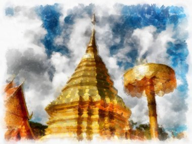 Wat Doi Suthep tapınağı Chiang Mai Tayland suluboya resim sanatçısı.