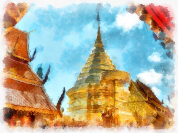 Wat Doi Suthep Tempel Chiang Mai Thailand Akvarell Stil Illustration — Stockfoto