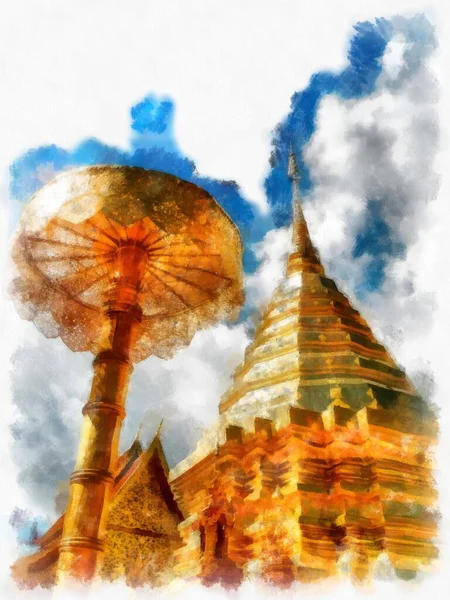 Wat Doi Suthep Temple Chiang Mai Thailand Watercolor Style Illustration — Stock Photo, Image