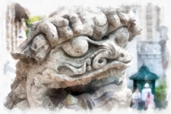 Antigua Estatua León Piedra China Acuarela Estilo Ilustración Pintura Impresionista — Foto de Stock