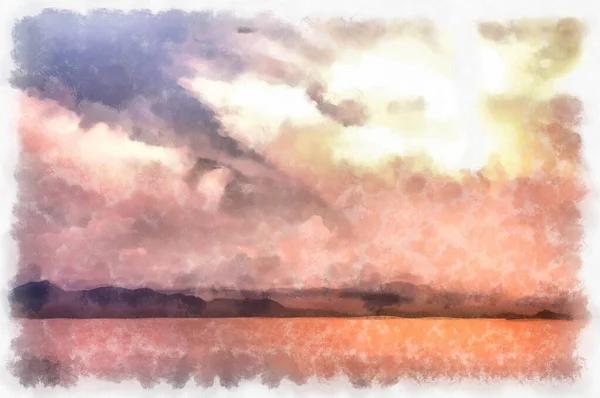 Moře Době Barevné Oblohy Akvarel Styl Ilustrace Impresionistická Malba — Stock fotografie
